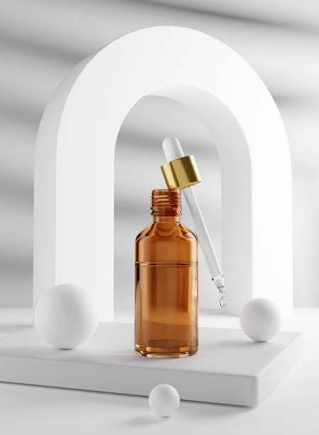istock Serum Dropper Bottle Mockup with White Props - 3D Illustration Render 1477132239