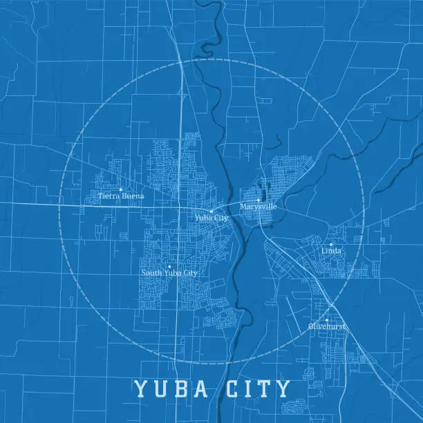 Vector illustration of Yuba City CA City Vector Road Map Blue Text