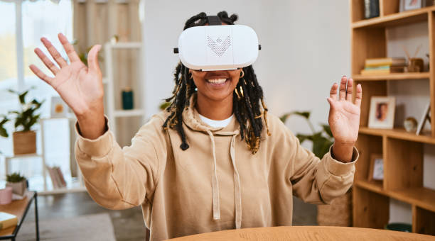 istock Virtual reality, vr metaverse and happy black woman with cyber ui dashboard, augmented reality or future ai. Digital transformation, futuristic software study or creative student working with headset 1477134370