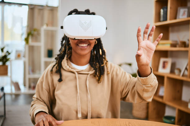 istock Virtual reality, vr metaverse and black woman touch cyber ui dashboard, augmented reality or future ai. Digital transformation, futuristic software study or creative student working with ar headset 1477134376