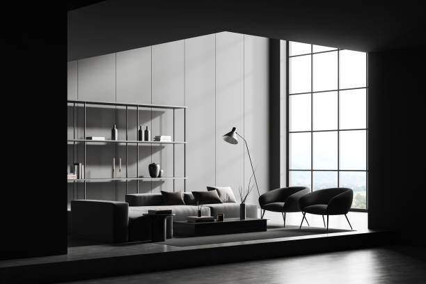 istock Grey chill interior with couch, armchairs and shelf with decoration 1477134920