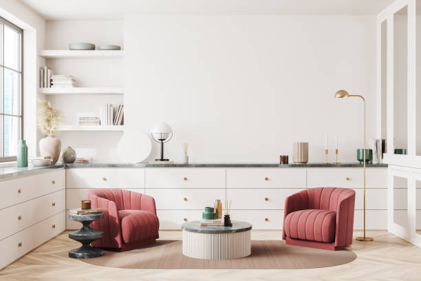 istock Front view on bright living room interior with sideboard 1477135078