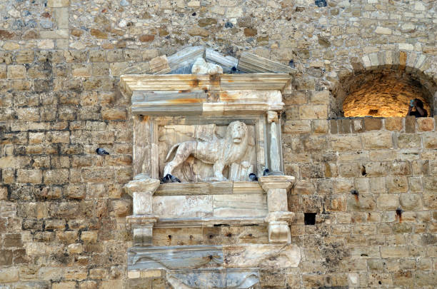 Greece, old Venetian Fortress Koules with stone lion in Iraklio, capital city of Crete Island