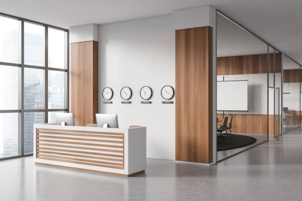 istock Light office interior with reception and conference area. Mockup project screen 1477136294