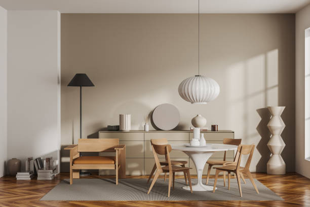 istock Light living room interior with table, chairs and drawer with decoration 1477136527