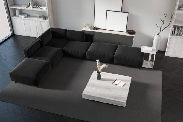 istock Top view of relax interior with couch and shelf with decoration, mockup frames 1477136816