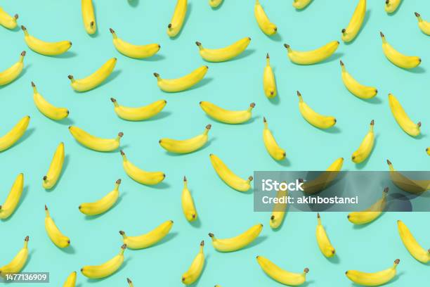 Banana With Sunlight On Blue Color Background Stock Photo - Download Image Now - Banana, Large Group Of Objects, No People