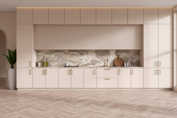 istock Luxury kitchen interior with cooking zone, sink and stove with kitchenware 1477138470