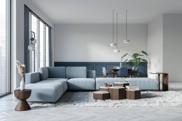 istock Stylish living room interior with soft place and eating zone, panoramic window 1477139013