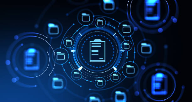 istock Document management system hologram with files and folders 1477139112
