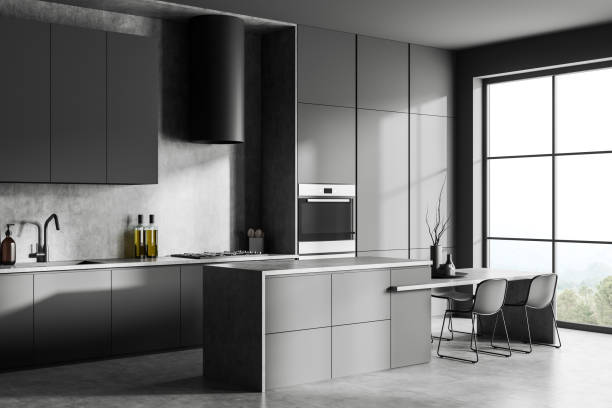 istock Grey kitchen interior with bar countertop, cooking space near panoramic window 1477139134