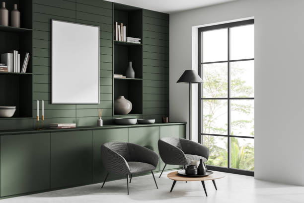 istock Light chill room interior with seats and decoration. Mockup frame 1477139300