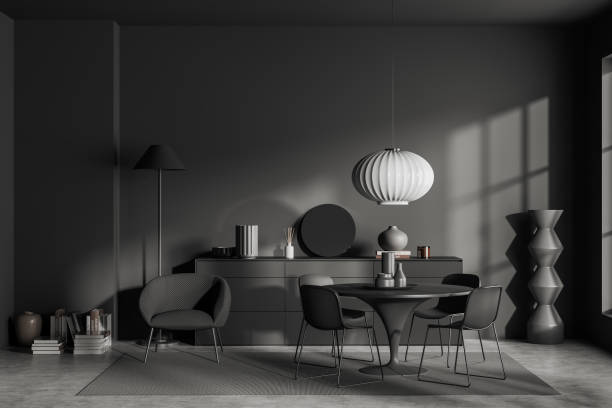 istock Grey living room interior with table, chairs and drawer with decoration 1477139602