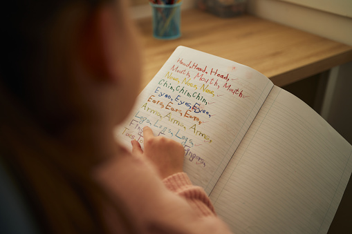 Beautiful girl working on her homework at home.