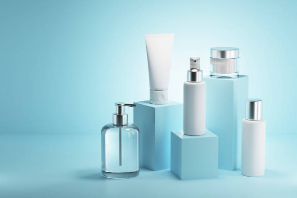istock Several cosmetic product mockups on blue podium. 3d render 1477142443