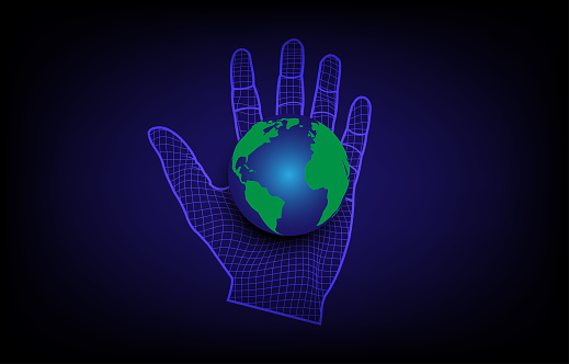 Abstract hand holding planet Earth. Communication technology Communication technology. etwork connection.Elements  Isolated vector illustration. around Communication technology