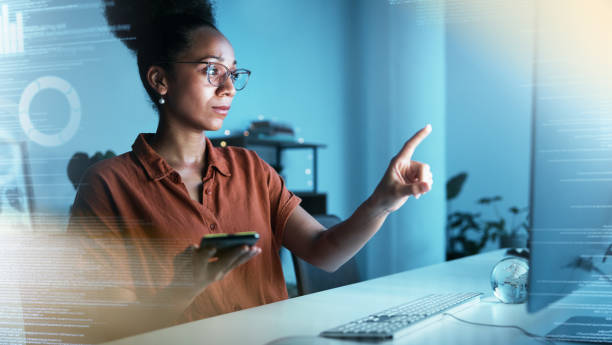 istock Hologram data, trading overlay and business woman with phone point at nft code in a office. Fintech, invest and 3d information technology work of finance worker with future digital networking growth 1477143466