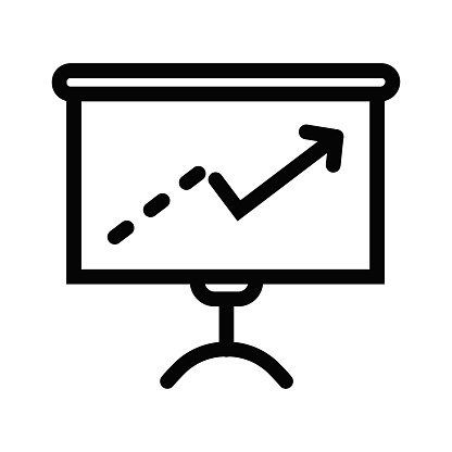 Black line icon of projector isolated whith up outline icon on white background. Graph, chart and bar growth icons with increase arrow. Vector line charts and bar graphs with growing data graphics. Business, finance and economy statistic information presentation, profit reportVector illustration.