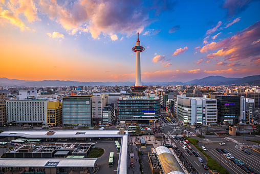 Kyoto, Japan cityscape at Kyoto Tower at golden hour.
