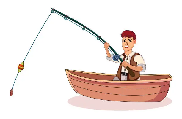 Vector illustration of Fisherman catching fish on the boat, cartoon scene