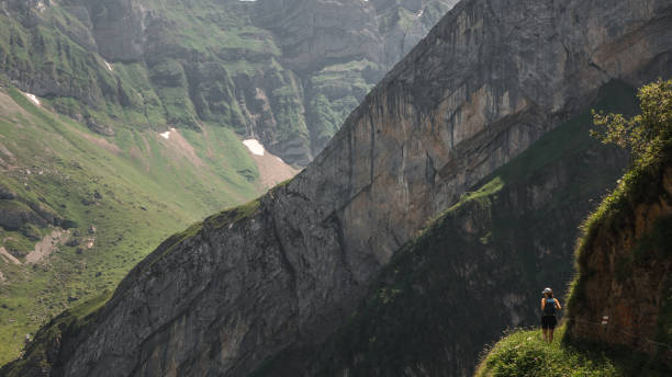 istock Female Backpacker walking through the High Green Grass on a Hiking Trail, on a Cliff, looking at the Dramatic Landscape of the Swiss Alps, Alpstein, Switzerland 1477147204