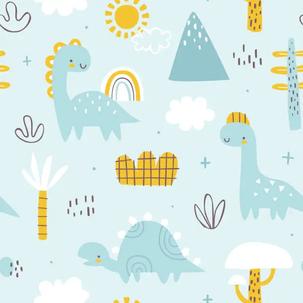 Vector illustration of Seamless pattern with cute dino. Blue scandinavian print with cute dinosaurs for kids bedding and pajamas.