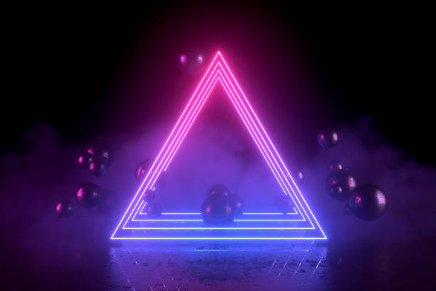 istock Ultraviolet neon lights cosmic landscape glowing led lighting exhibition with smoke and flying spheres 3d abstract background 1477149561
