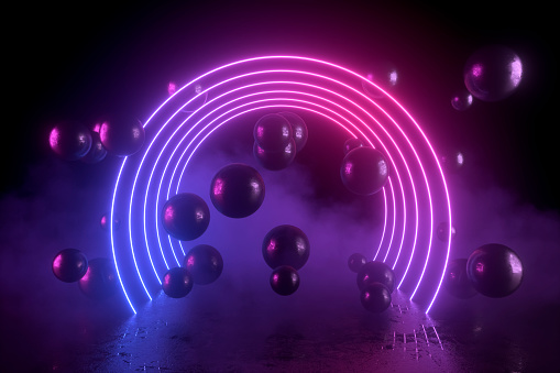 Ultraviolet neon lights cosmic landscape glowing led lighting exhibition with smoke and flying spheres 3d abstract black background. Purple and pink colors.