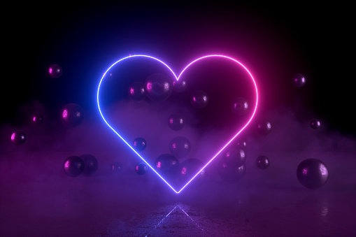 Ultraviolet neon lights cosmic landscape glowing led lighting exhibition with smoke and flying spheres 3d abstract black background. Purple and pink colors. Heart shape.