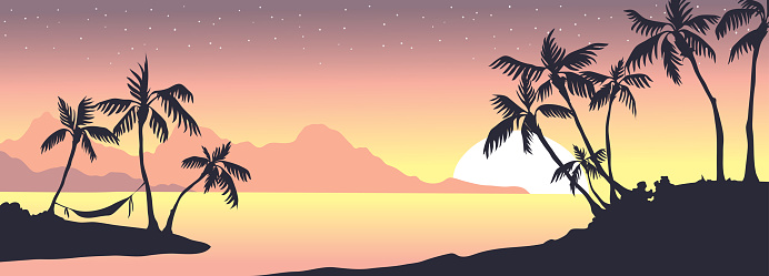 Narrow vector background. Sunset in a bay with palm trees.