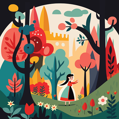 A vector illustration of whimsical wonderland fairytale scene.