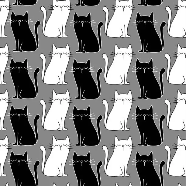 Vector illustration of Blck and white line cats seamless pattern isolated on grey background