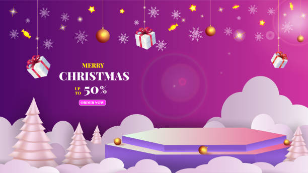 3d frohe weihnachten banner, geschenk verkauf. weihnachtsmann-produkte auf promotion-display, podium rote premium-dekoration. heruntergefallene verpackte kartons, vitrine für die produktpräsentation. hintergrund des vektordesigns - pedestal museum art museum exhibition stock-grafiken, -clipart, -cartoons und -symbole