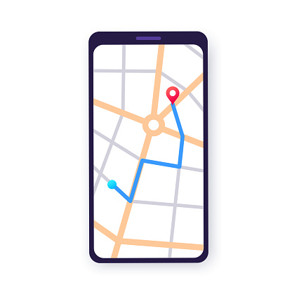 GPS map application for smartphone. Navigation in the city street. Route and destination on phone display. On foot or by car. Geoposition red pinpoint, navigator ui element flat vector illustration.
