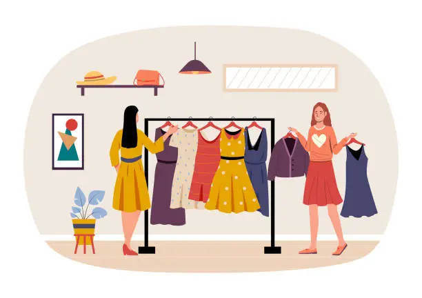 Vector illustration of Shopping and buying concept, girl choose clothes