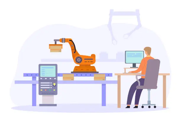 Vector illustration of Engineers control automated robot arms. Flat smart factory inspection