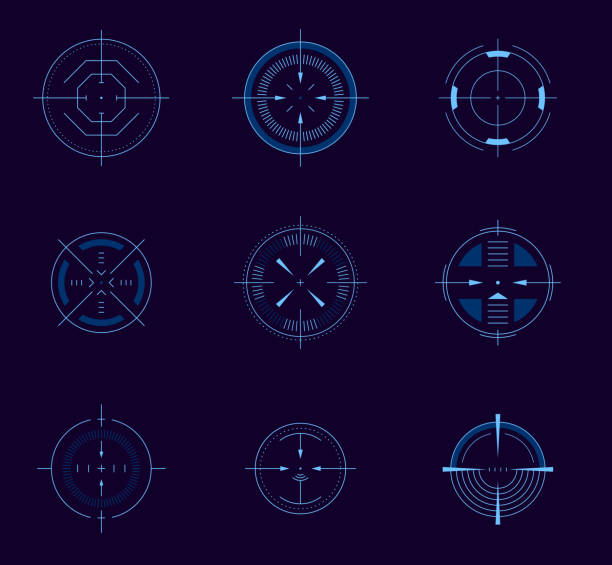 Futuristic aim pointer. Circle HUD user interface element, weapon collimator round aim, digital focus UI game asset. Vector accuracy symbols isolated set of screen game aim interface Futuristic aim pointer. Circle HUD user interface element, weapon collimator round aim, digital focus UI game asset. Vector accuracy symbols isolated set of screen game aim interface illustration control point stock illustrations