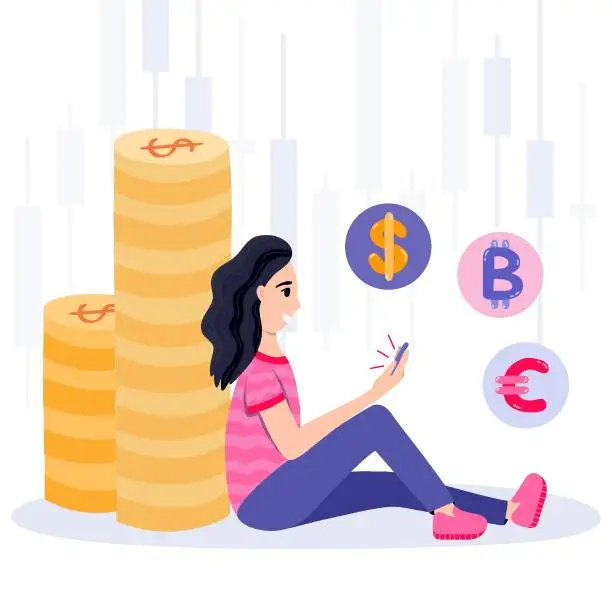 Vector illustration of Woman sitting near stack of coins, watching technical analysis of stock trends via mobile. Concept of market crash analysis, passive profit or gain, analyze investment downturn, trading and investing