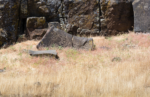 Ancient Native American petroglyphs in Columbia Hills State Park, WA, USA