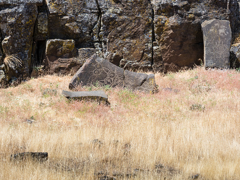 Ancient Native American petroglyphs in Columbia Hills State Park, WA, USA
