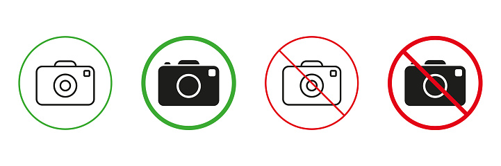 Photo Camera Zone Red and Green Warning Signs. Place for Camera Capture Line and Silhouette Icons Set. Allowed and Prohibited Photography Area Pictogram. Isolated Vector Illustration.
