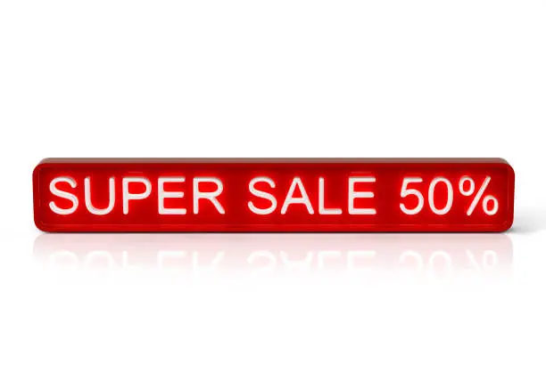 Super sale. Red 50% banner isolated on white background .3D illustration. 3D render.