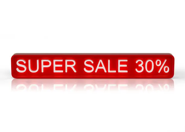Super sale. Red 30% banner isolated on white background .3D illustration. 3D render.
