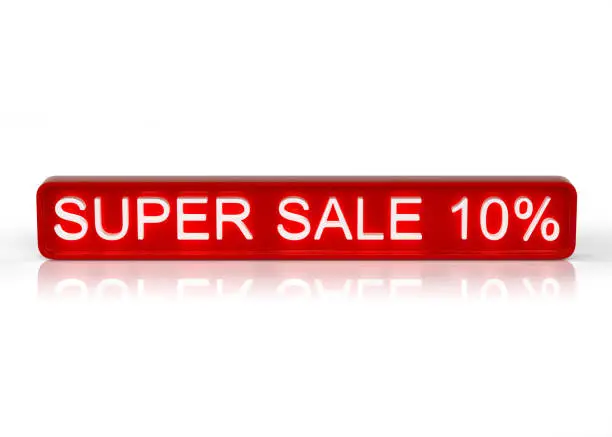 Super sale. Red 10% banner isolated on white background .3D illustration. 3D render.