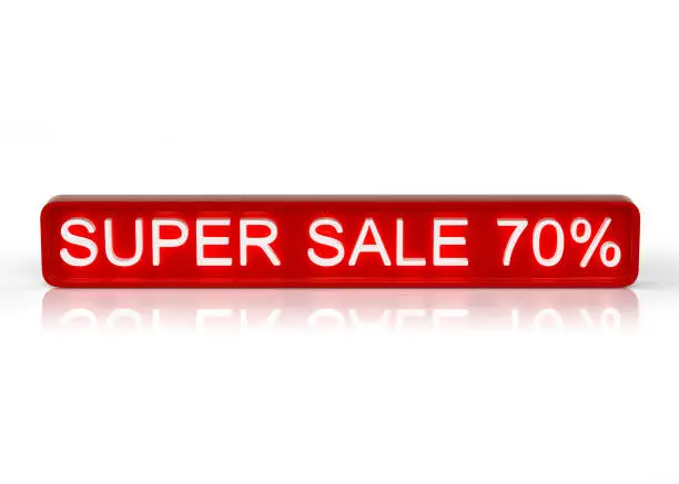 Super sale. Red 70% banner isolated on white background .3D illustration. 3D render.