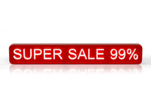 Super sale. Red 99% banner isolated on white background .3D illustration. 3D render.