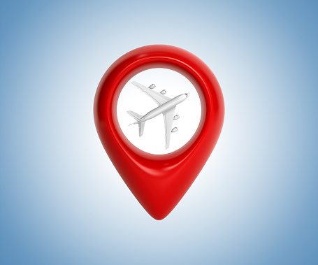 Map pointer with airplane icon. Airport location concept. Travel concept with map pin and airplane. Icon isolated on blue background. 3d rendering. 3D illustration.