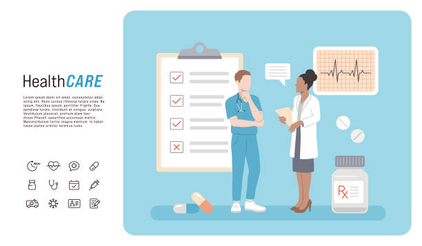 Female Doctor and Male Nurse Standing and Talking Illustration of black female doctor and male nurse standing and talking. Medical icon set. Healthcare concept. cartoon of medical records stock illustrations