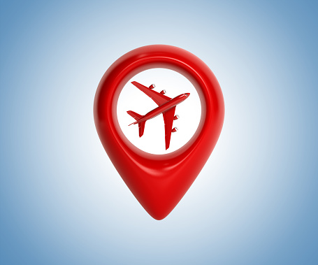 Map pointer with airplane icon. Airport location concept. Travel concept with map pin and airplane. Icon isolated on blue background. 3d rendering. 3D illustration.