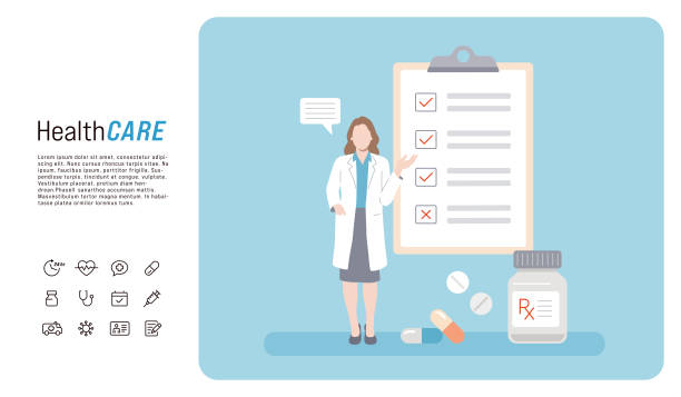 Female Doctor Standing and Pointing at Medical Chart Illustration of female doctor standing and pointing at medical chart. Female doctor presenting. Medical icon set. Healthcare concept. cartoon of medical records stock illustrations